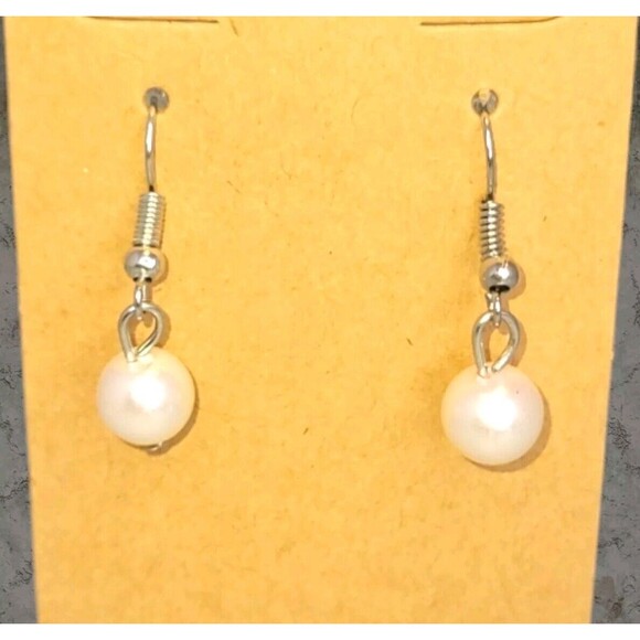 Minimalist Silver Tone Faux Pearl Dangle Earrings Pierced Classic Basic - Picture 2 of 3